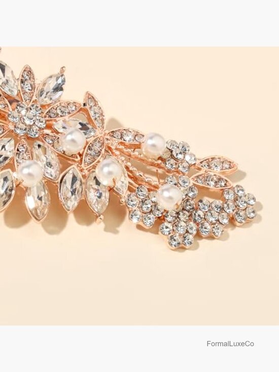 Rose Gold Crystal Pearl Bridal Hair Clip Floral Comb Wedding Accessory main image 4